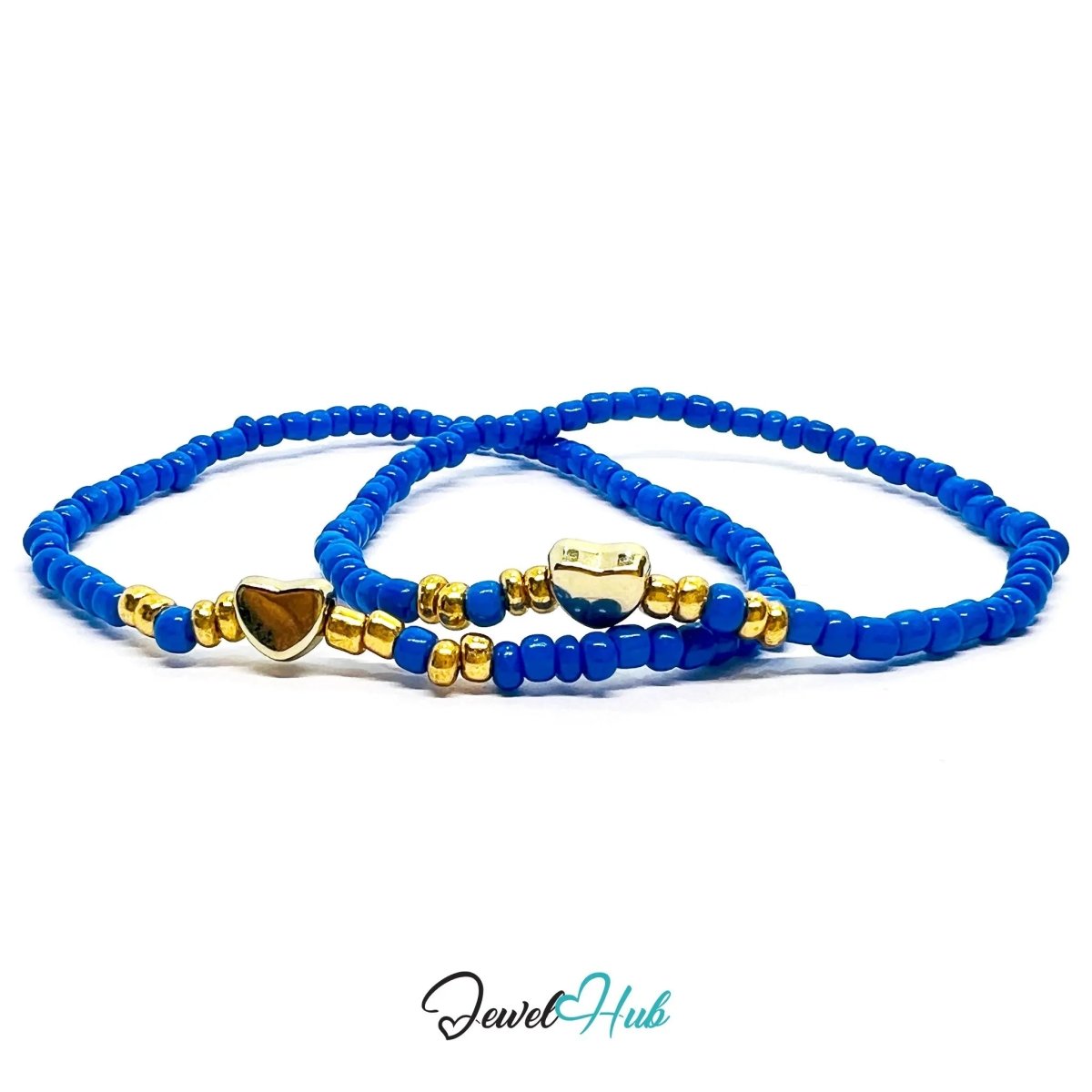 NameBead™ Base Bracelet Set (x2) – Deep Blue Beaded Stack with Gold Heart - JewelHub.co.uk