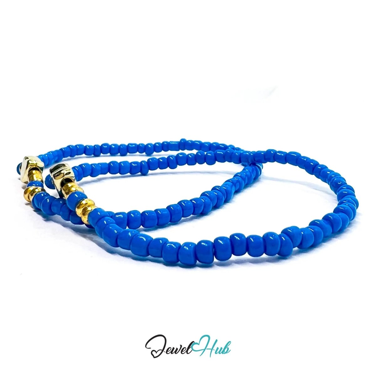 NameBead™ Base Bracelet Set (x2) – Deep Blue Beaded Stack with Gold Heart - JewelHub.co.uk