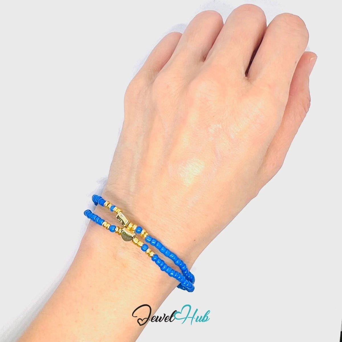NameBead™ Base Bracelet Set (x2) – Deep Blue Beaded Stack with Gold Heart - JewelHub.co.uk