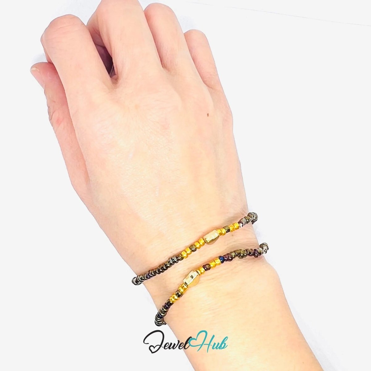NameBead™ Base Bracelet Set (x2) – Greenish‑grey Color Beaded Stack with Gold Heart - JewelHub.co.uk