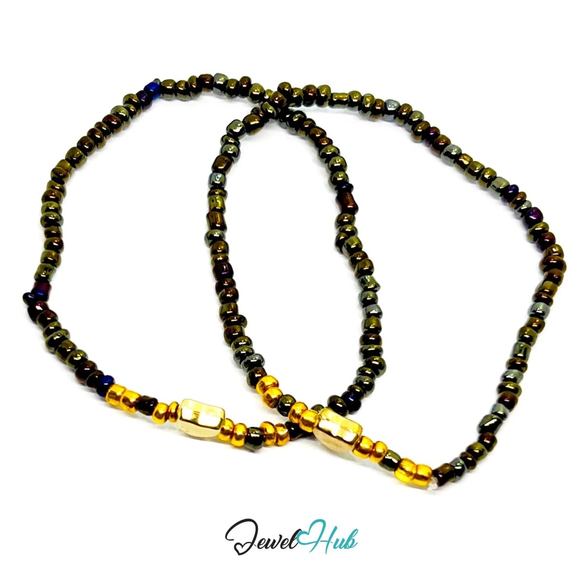 NameBead™ Base Bracelet Set (x2) – Greenish‑grey Color Beaded Stack with Gold Heart - JewelHub.co.uk