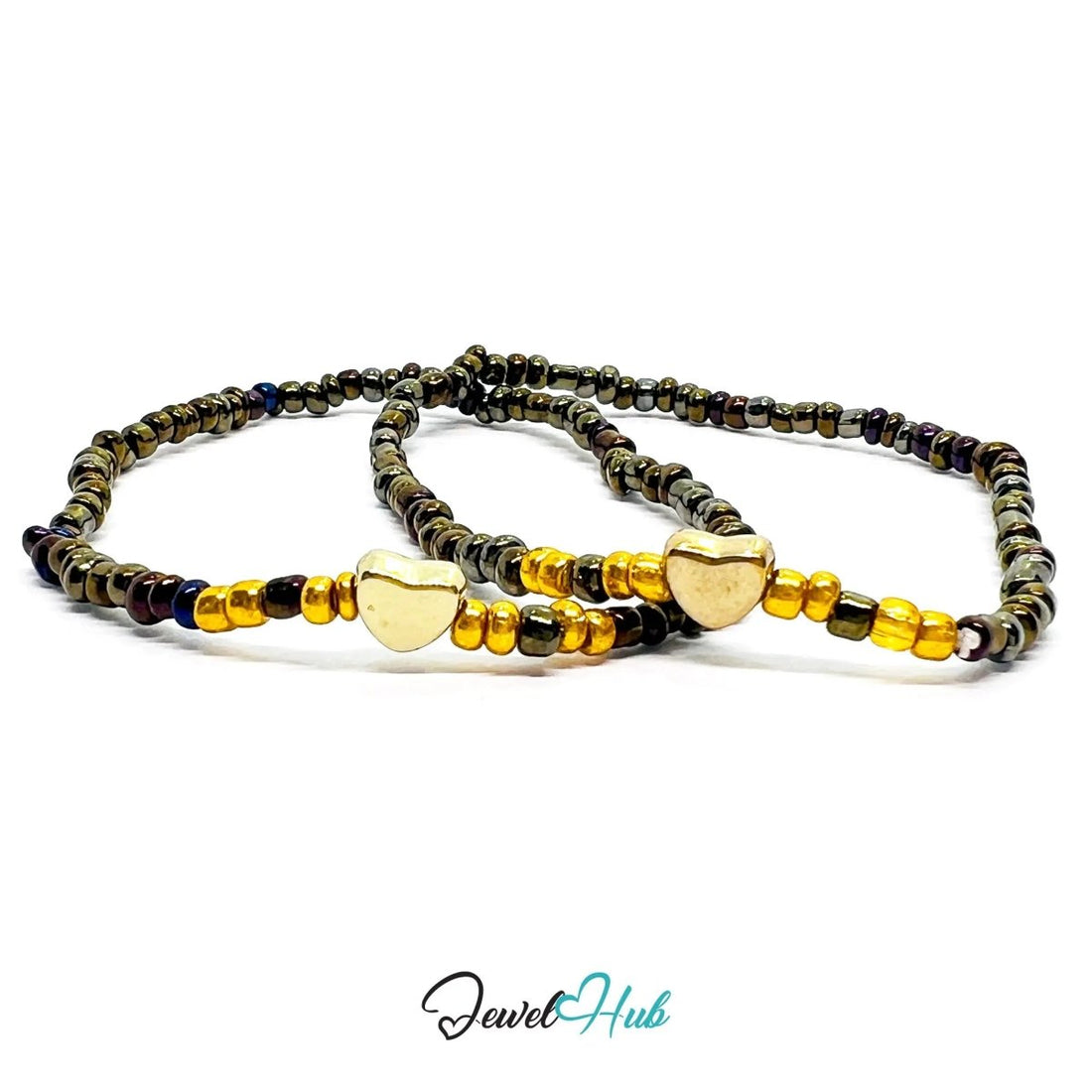 NameBead™ Base Bracelet Set (x2) – Greenish‑grey Color Beaded Stack with Gold Heart - JewelHub.co.uk