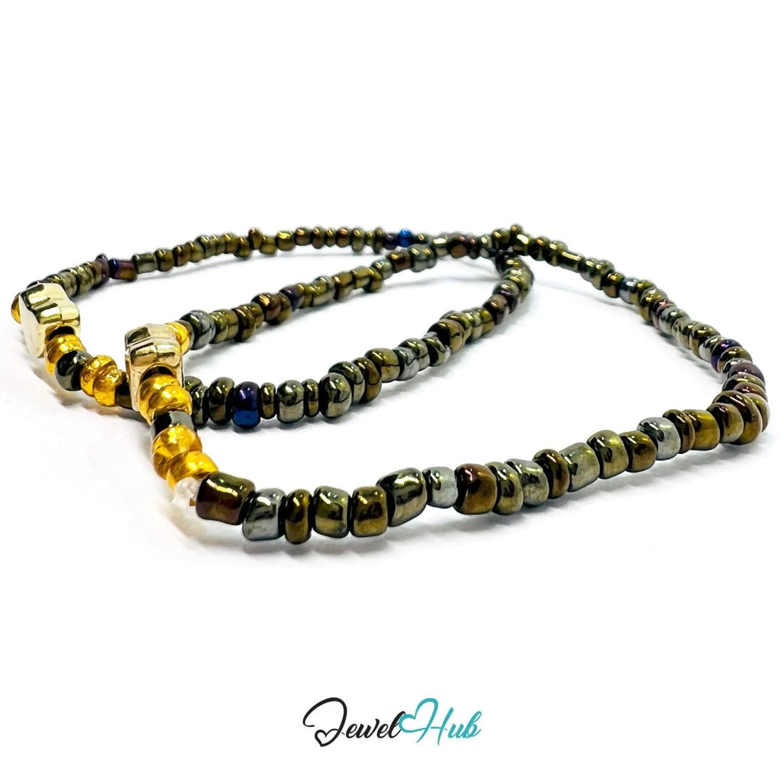 NameBead™ Base Bracelet Set (x2) – Greenish‑grey Color Beaded Stack with Gold Heart - JewelHub.co.uk