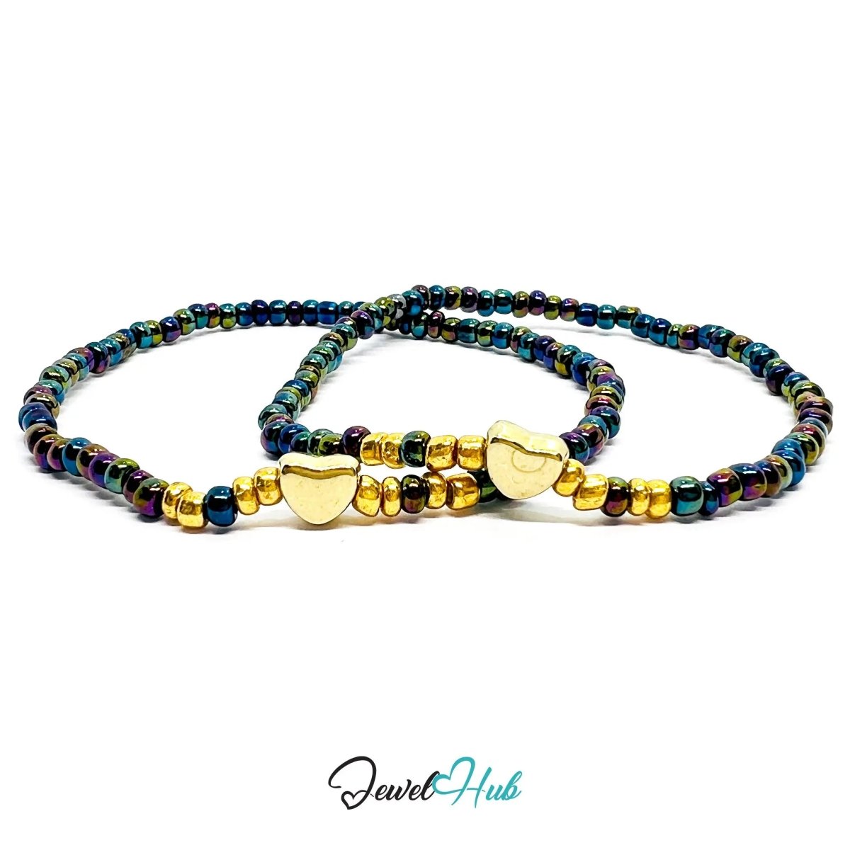 NameBead™ Base Bracelet Set (x2) – Iridescent AB Color Beaded Stack with Gold Heart - JewelHub.co.uk