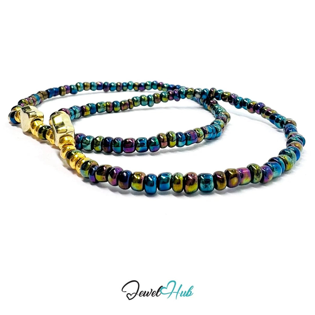 NameBead™ Base Bracelet Set (x2) – Iridescent AB Color Beaded Stack with Gold Heart - JewelHub.co.uk