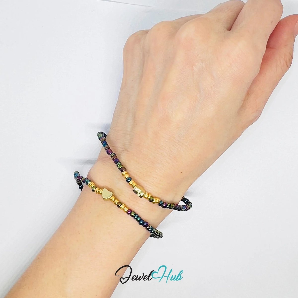 NameBead™ Base Bracelet Set (x2) – Iridescent AB Color Beaded Stack with Gold Heart - JewelHub.co.uk