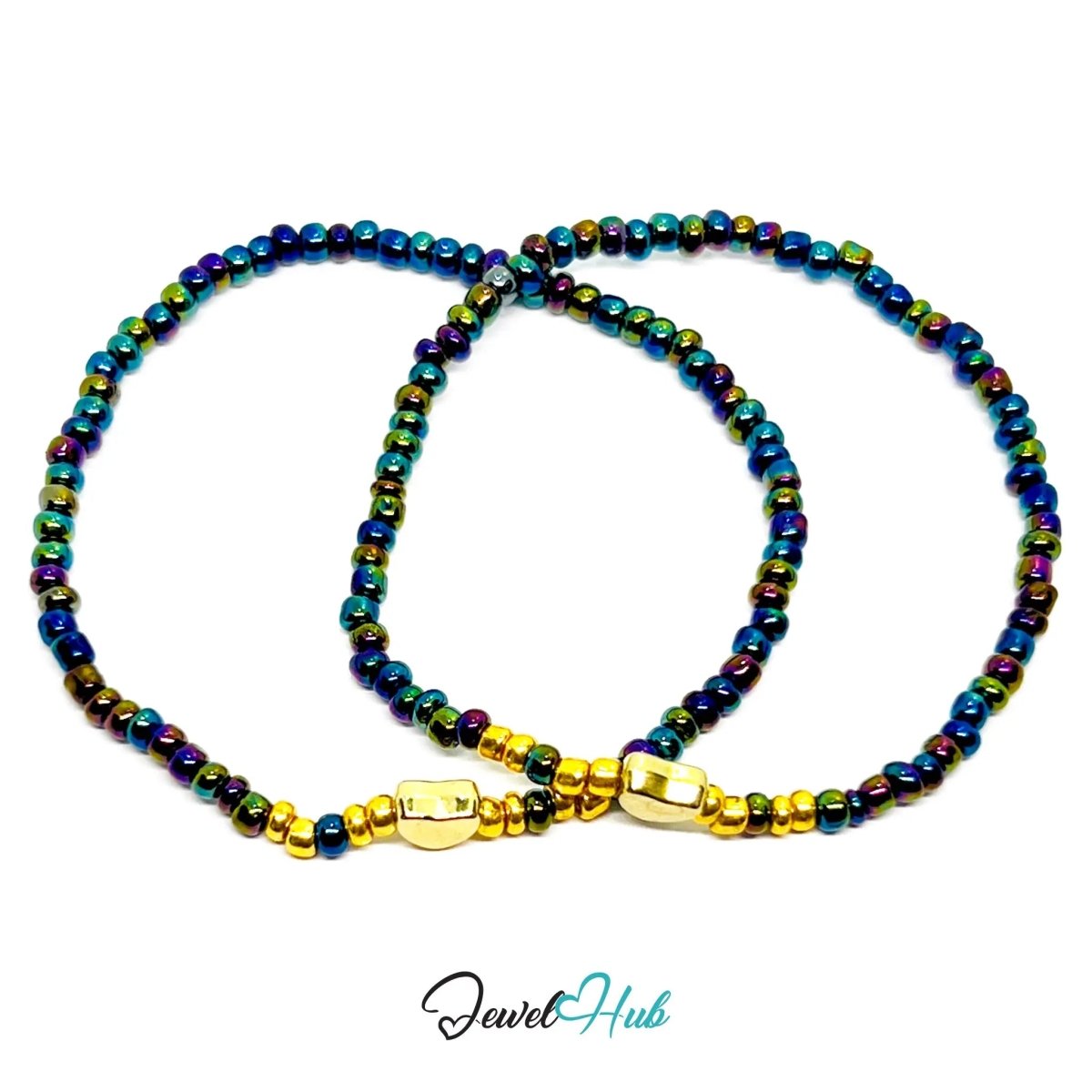 NameBead™ Base Bracelet Set (x2) – Iridescent AB Color Beaded Stack with Gold Heart - JewelHub.co.uk