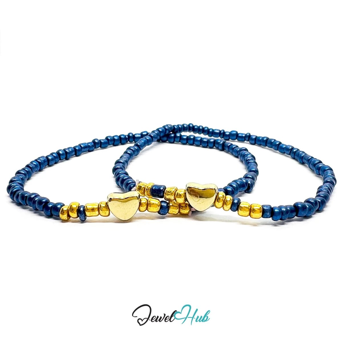 NameBead™ Base Bracelet Set (x2) – Metallic Navy Color Beaded Stack with Gold Heart - JewelHub.co.uk
