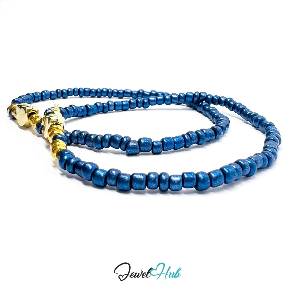 NameBead™ Base Bracelet Set (x2) – Metallic Navy Color Beaded Stack with Gold Heart - JewelHub.co.uk