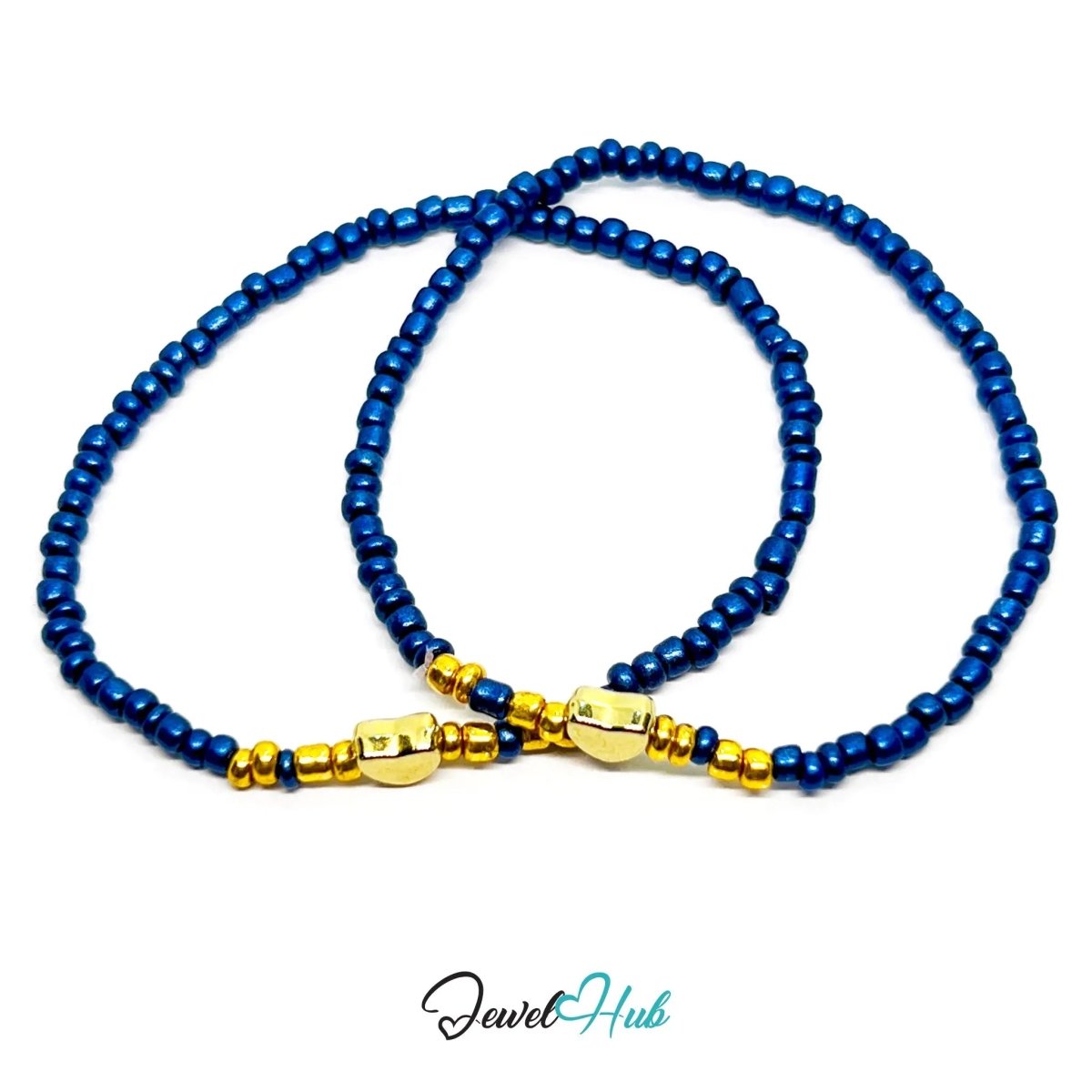 NameBead™ Base Bracelet Set (x2) – Metallic Navy Color Beaded Stack with Gold Heart - JewelHub.co.uk