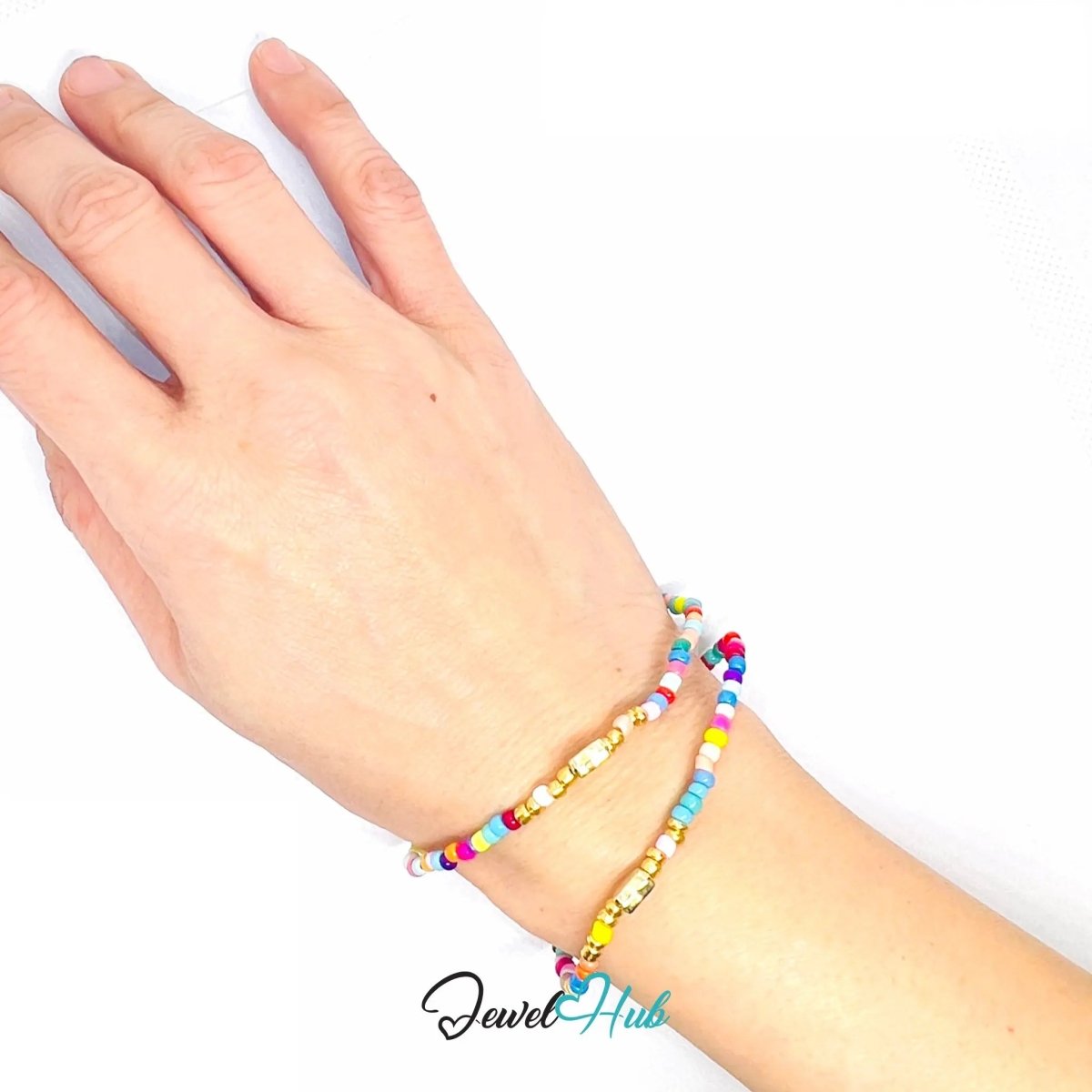 NameBead™ Base Bracelet Set (x2) – Mixed Color Beaded Stack with Gold Heart - JewelHub.co.uk