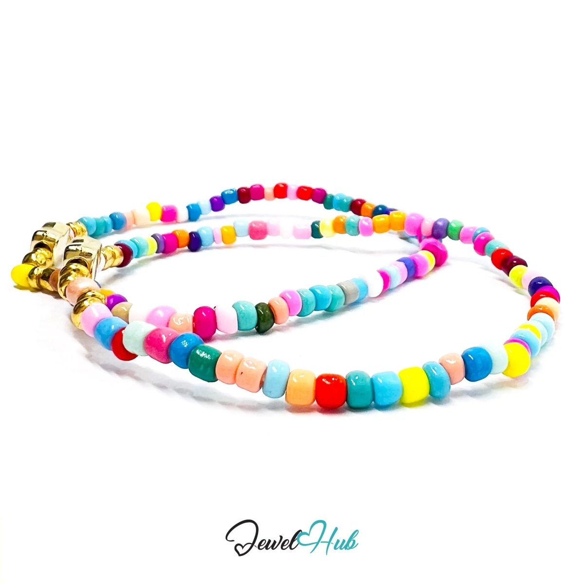 NameBead™ Base Bracelet Set (x2) – Mixed Color Beaded Stack with Gold Heart - JewelHub.co.uk