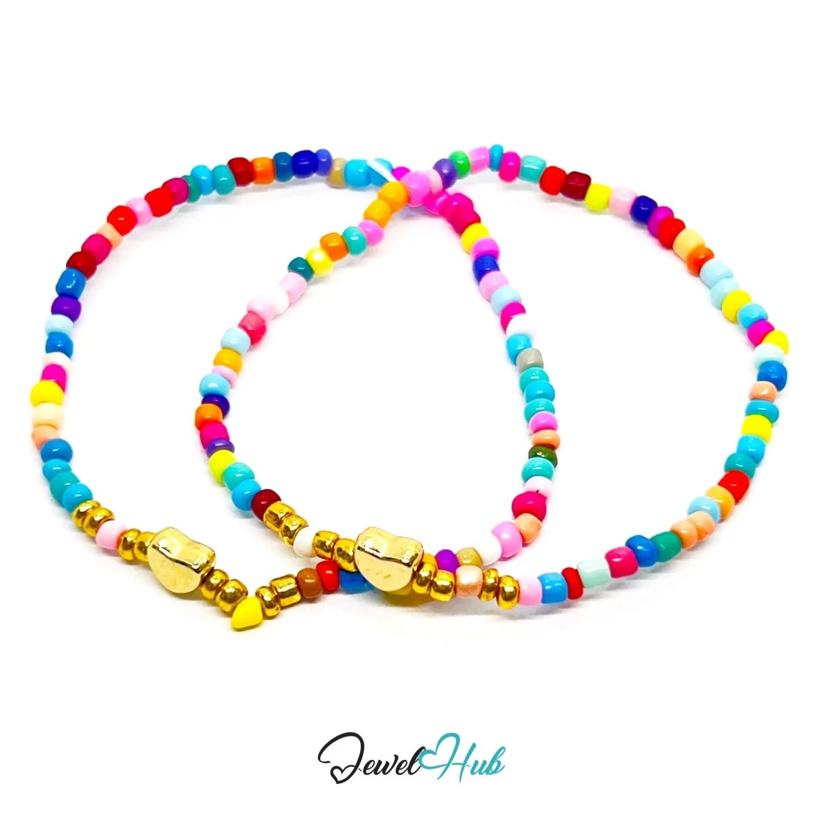 NameBead™ Base Bracelet Set (x2) – Mixed Color Beaded Stack with Gold Heart - JewelHub.co.uk