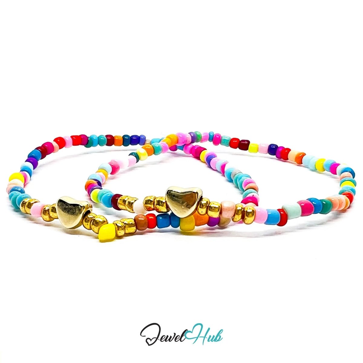 NameBead™ Base Bracelet Set (x2) – Mixed Color Beaded Stack with Gold Heart - JewelHub.co.uk