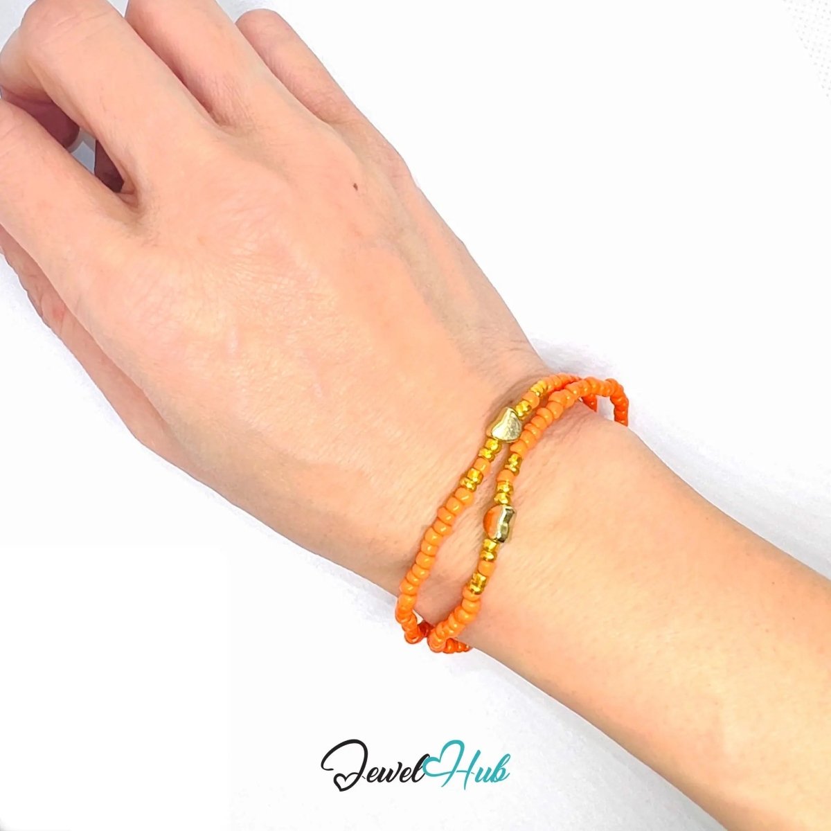 NameBead™ Base Bracelet Set (x2) – Orange Beaded Stack with Gold Heart - JewelHub.co.uk