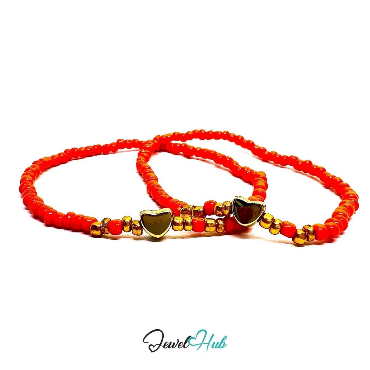 NameBead™ Base Bracelet Set (x2) – Orange Beaded Stack with Gold Heart - JewelHub.co.uk
