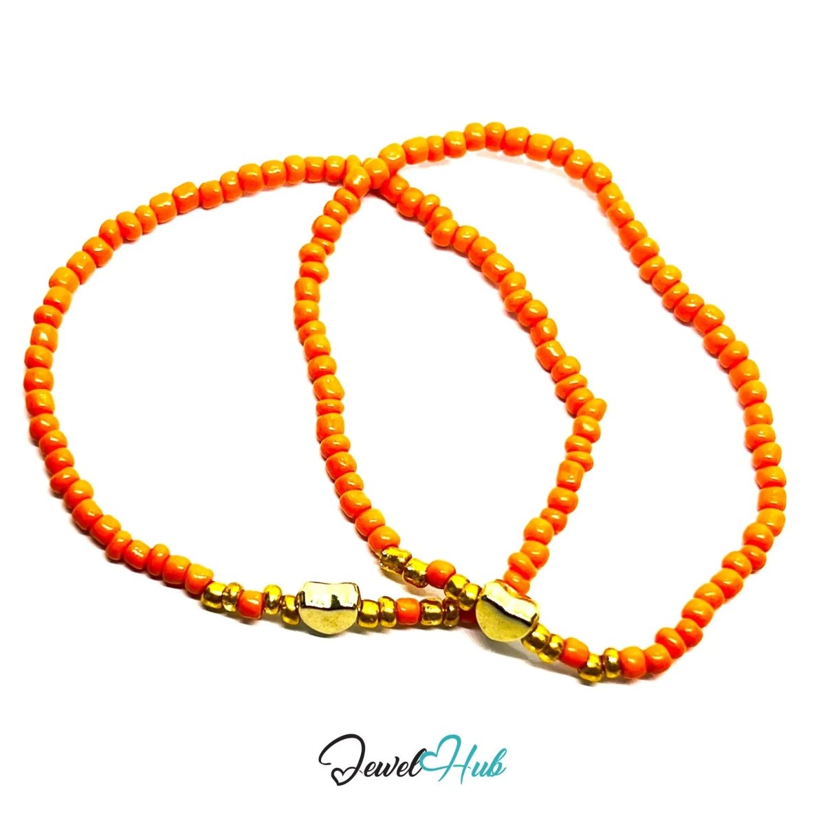 NameBead™ Base Bracelet Set (x2) – Orange Beaded Stack with Gold Heart - JewelHub.co.uk