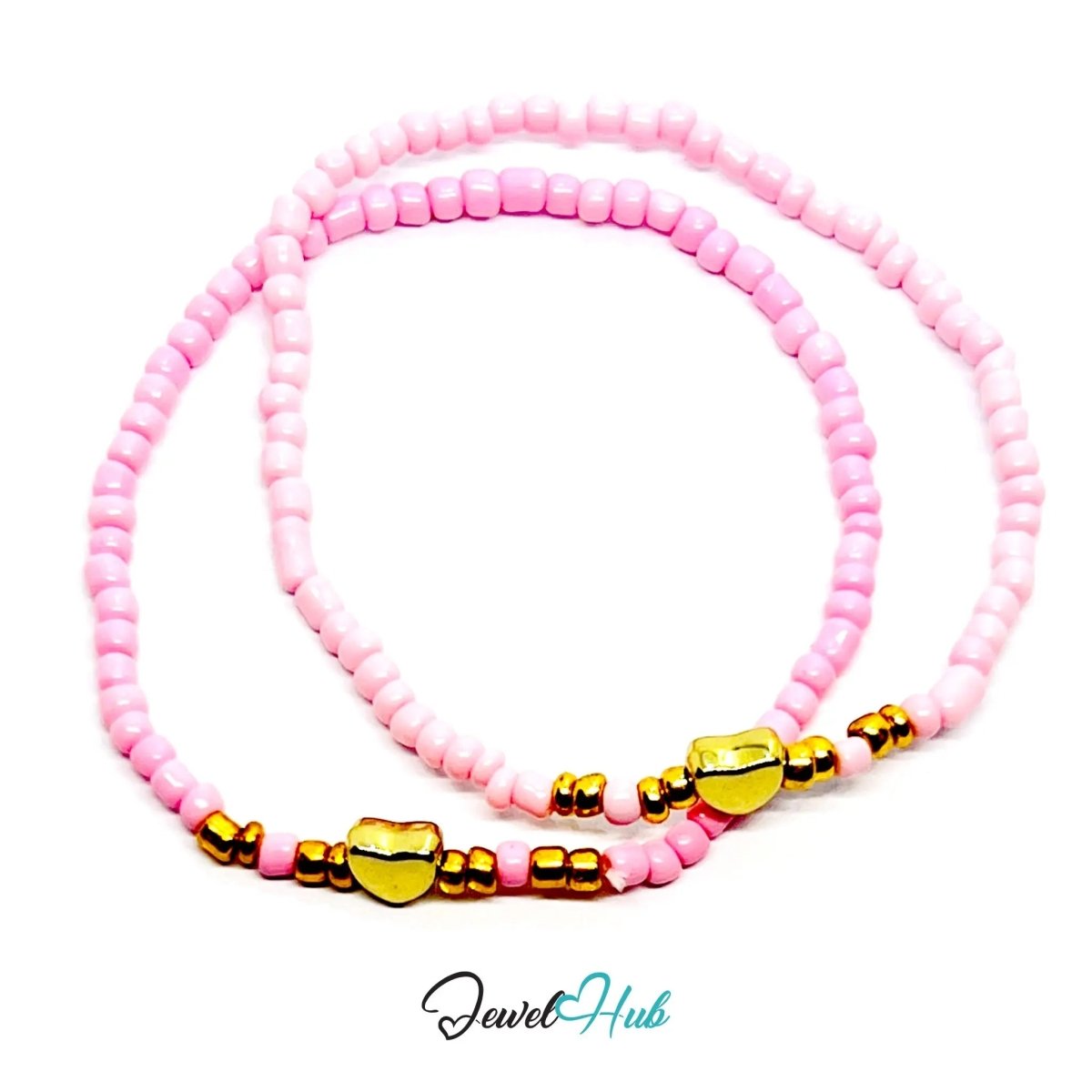 NameBead™ Base Bracelet Set (x2) – Pink Beaded Stack with Gold Heart - JewelHub.co.uk