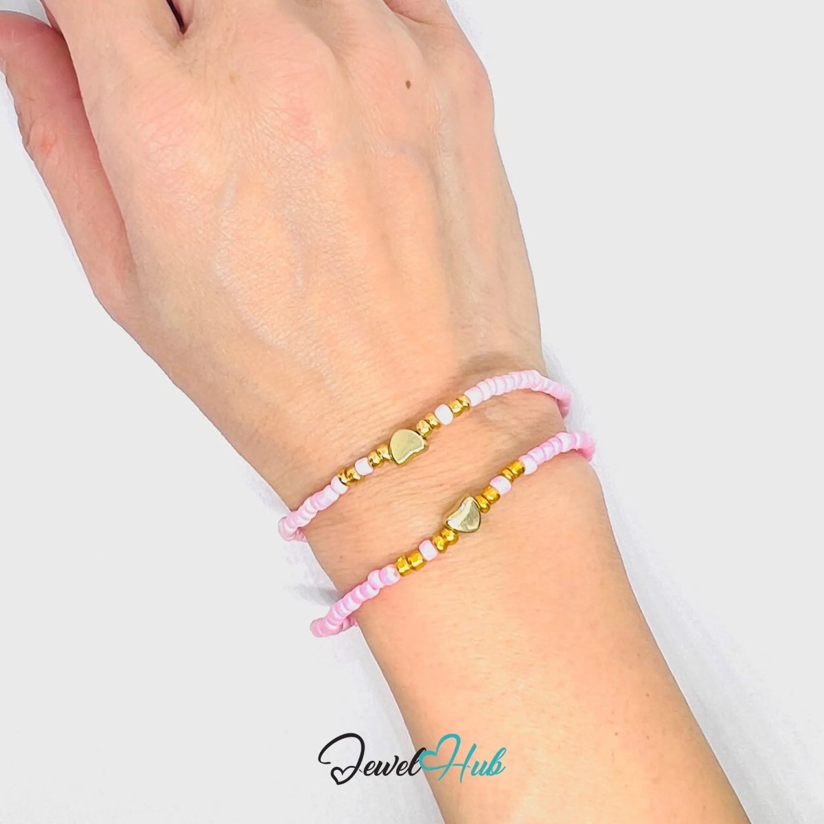 NameBead™ Base Bracelet Set (x2) – Pink Beaded Stack with Gold Heart - JewelHub.co.uk