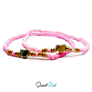 NameBead™ Base Bracelet Set (x2) – Pink Beaded Stack with Gold Heart - JewelHub.co.uk