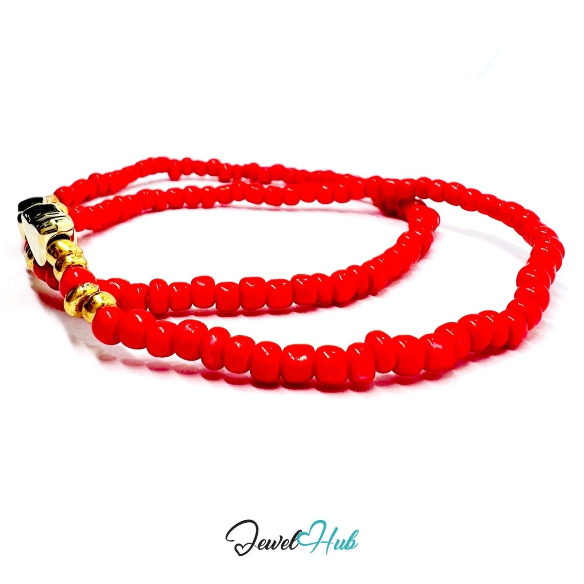 NameBead™ Base Bracelet Set (x2) – Red Beaded Stack with Gold Heart - JewelHub.co.uk