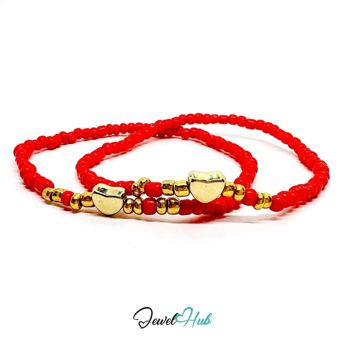 NameBead™ Base Bracelet Set (x2) – Red Beaded Stack with Gold Heart - JewelHub.co.uk