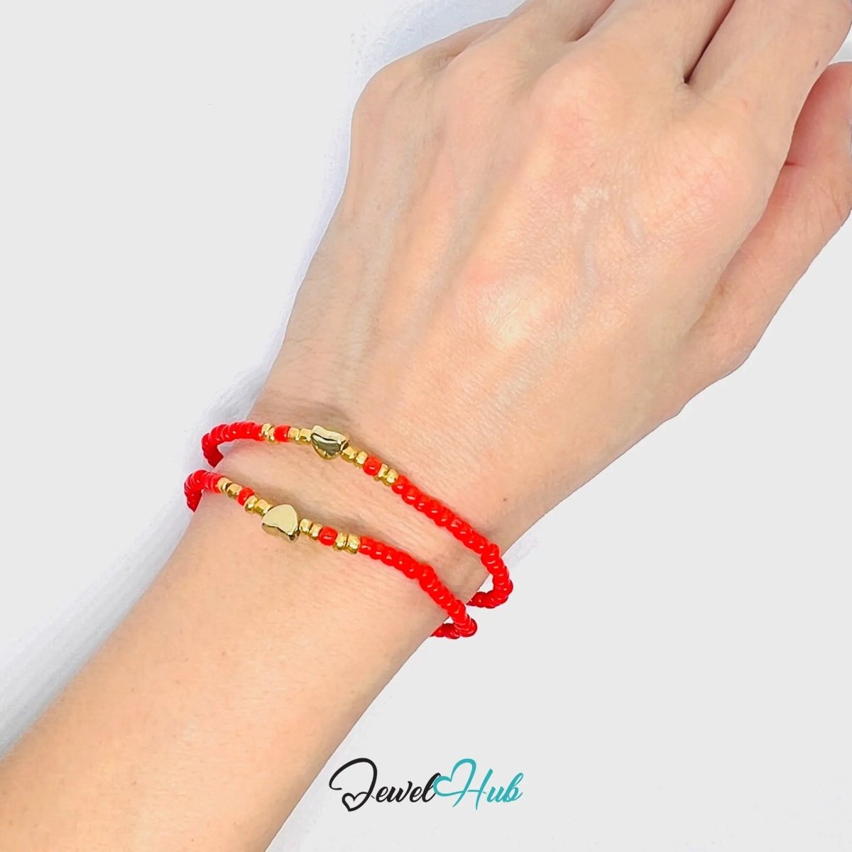 NameBead™ Base Bracelet Set (x2) – Red Beaded Stack with Gold Heart - JewelHub.co.uk