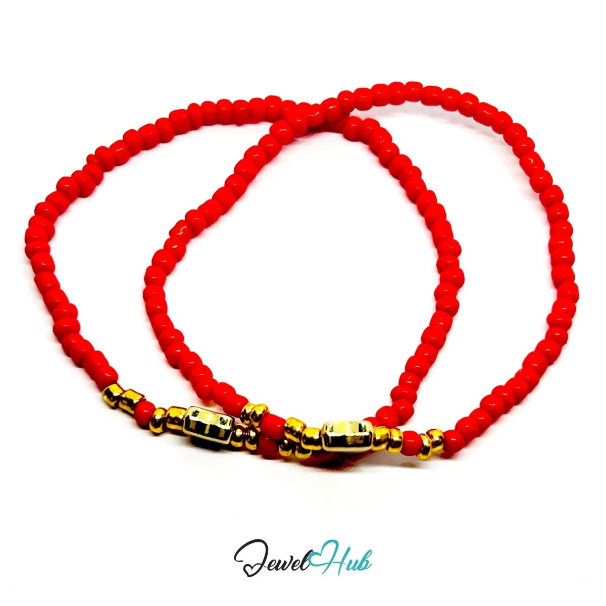 NameBead™ Base Bracelet Set (x2) – Red Beaded Stack with Gold Heart - JewelHub.co.uk