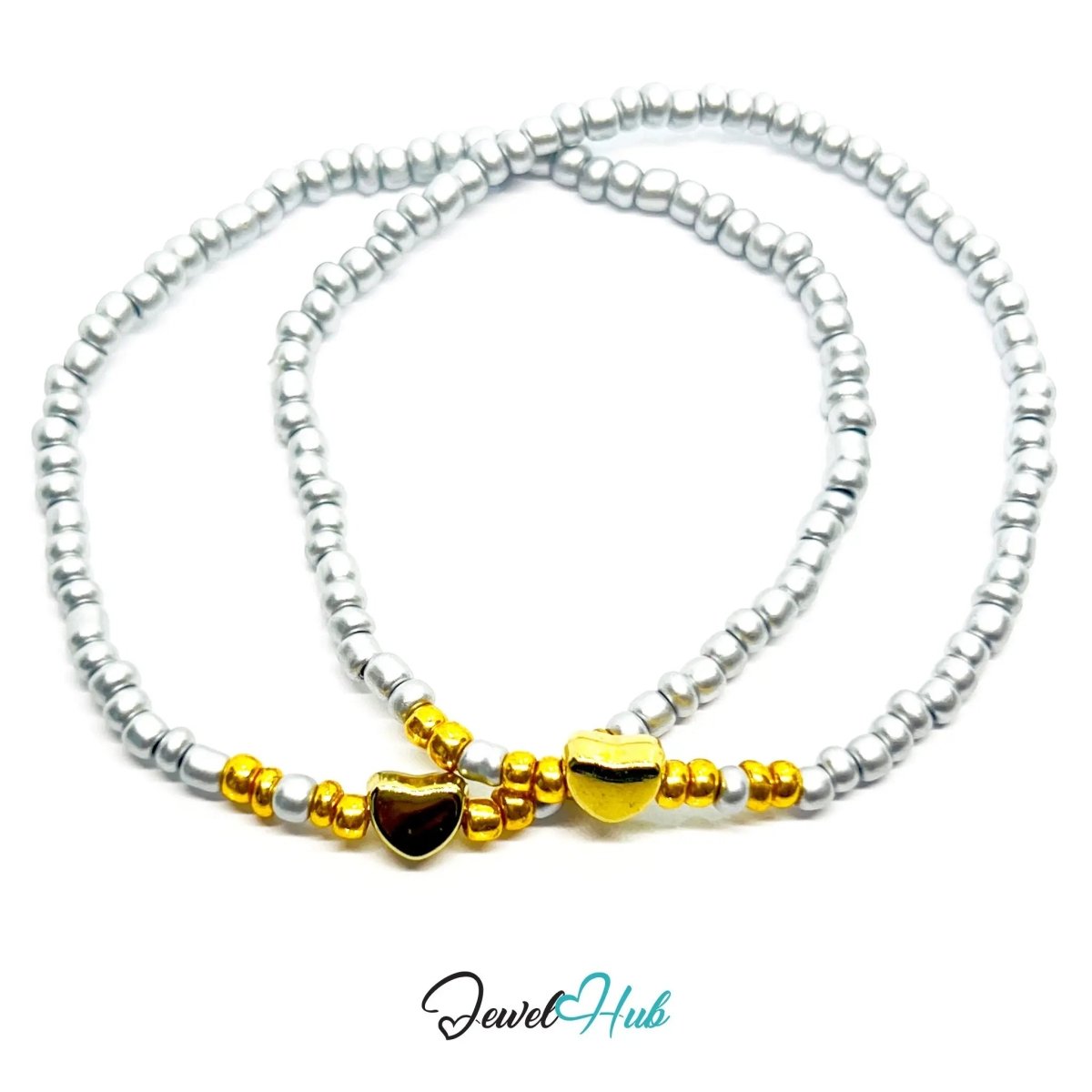NameBead™ Base Bracelet Set (x2) – Silvery Beaded Stack with Gold Heart - JewelHub.co.uk