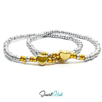 NameBead™ Base Bracelet Set (x2) – Silvery Beaded Stack with Gold Heart - JewelHub.co.uk