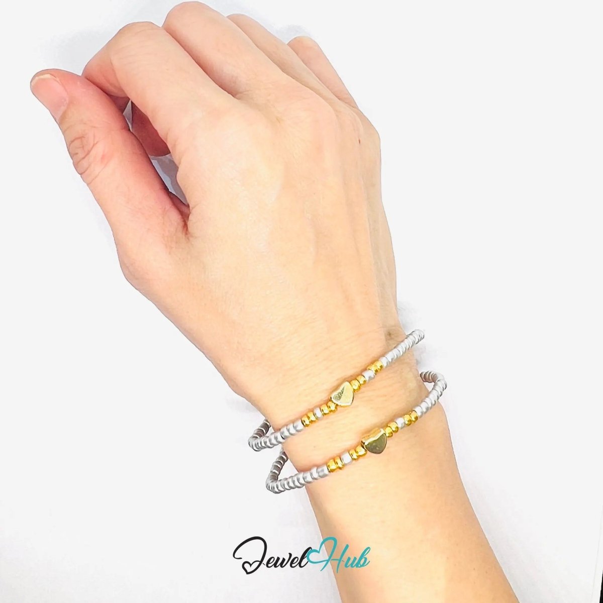 NameBead™ Base Bracelet Set (x2) – Silvery Beaded Stack with Gold Heart - JewelHub.co.uk