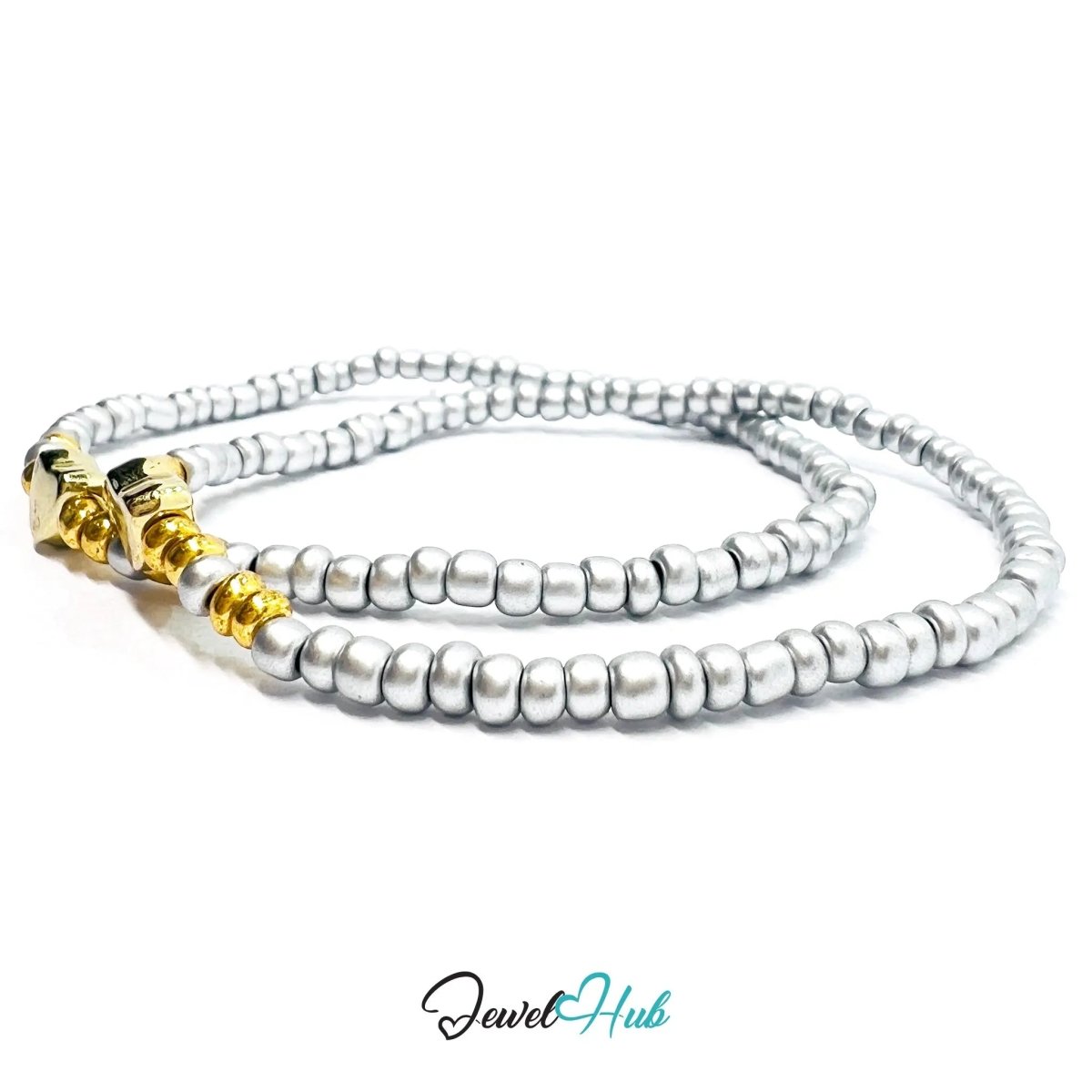 NameBead™ Base Bracelet Set (x2) – Silvery Beaded Stack with Gold Heart - JewelHub.co.uk