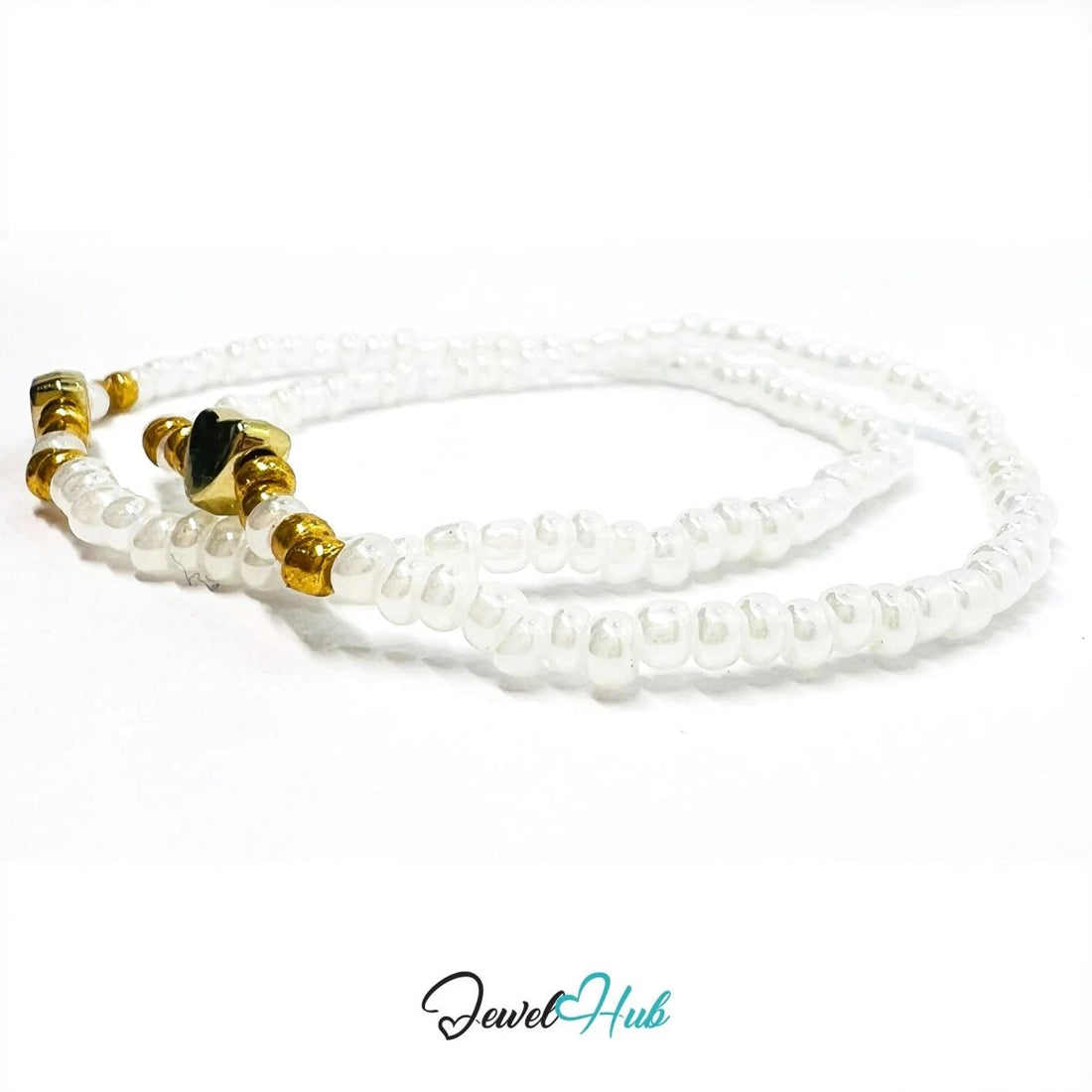 NameBead™ Base Bracelet Set (x2) – Translucent Pearl - white Color Beaded Stack with Gold Heart - JewelHub.co.uk