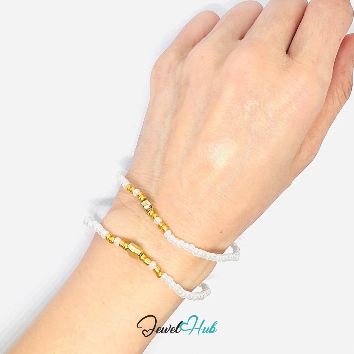 NameBead™ Base Bracelet Set (x2) – Translucent Pearl - white Color Beaded Stack with Gold Heart - JewelHub.co.uk