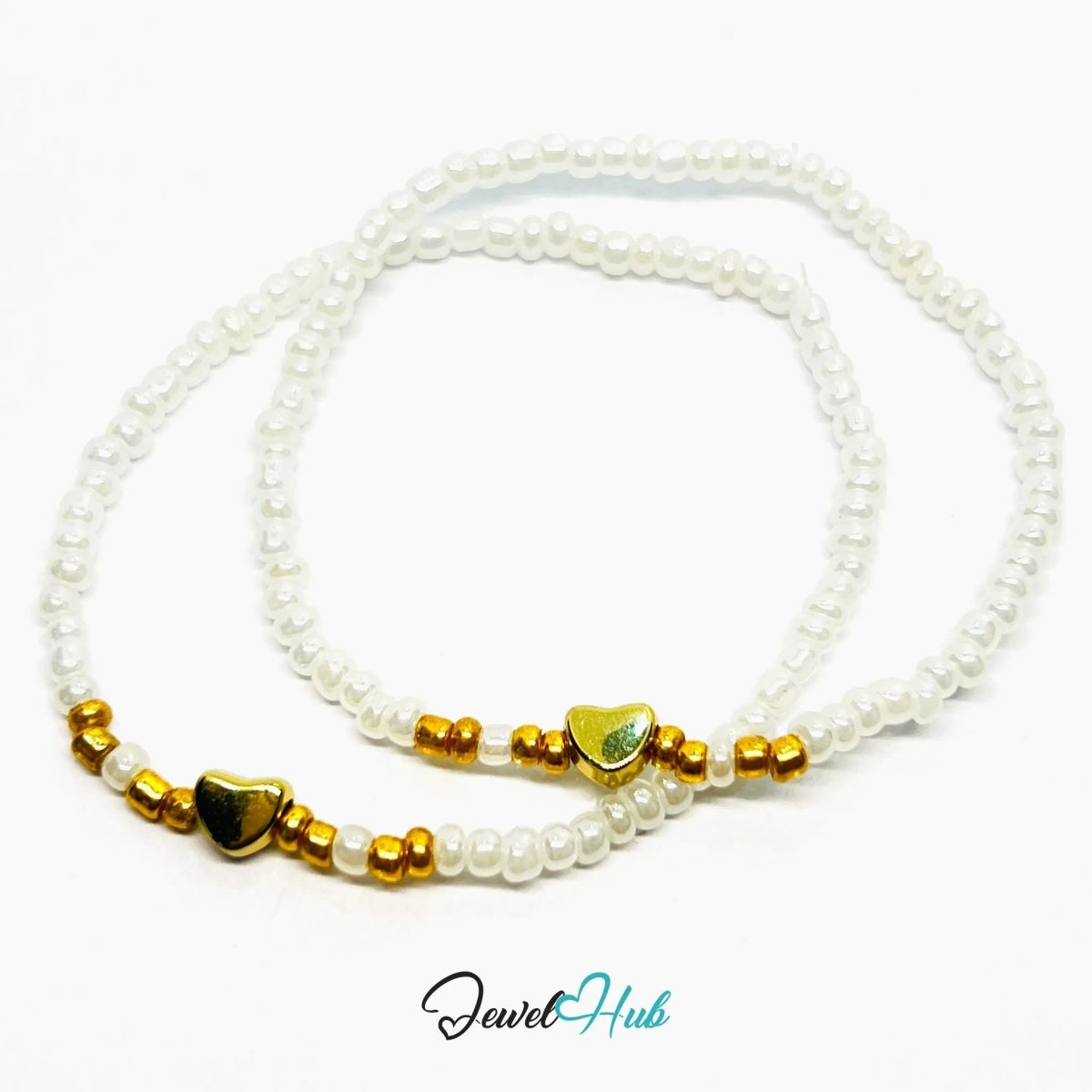 NameBead™ Base Bracelet Set (x2) – Translucent Pearl - white Color Beaded Stack with Gold Heart - JewelHub.co.uk
