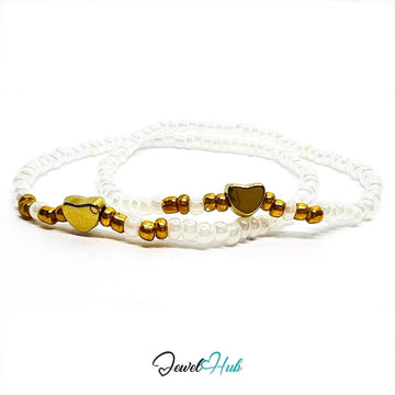 NameBead™ Base Bracelet Set (x2) – Translucent Pearl - white Color Beaded Stack with Gold Heart - JewelHub.co.uk