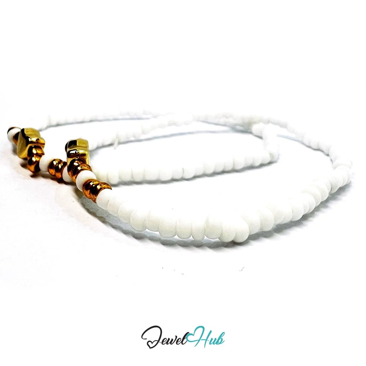 NameBead™ Base Bracelet Set (x2) – White Beaded Stack with Gold Heart - JewelHub.co.uk