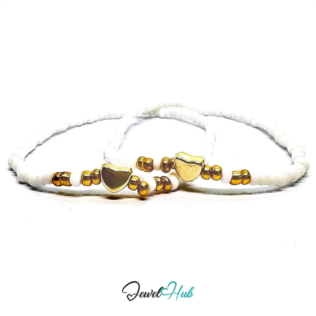 NameBead™ Base Bracelet Set (x2) – White Beaded Stack with Gold Heart - JewelHub.co.uk