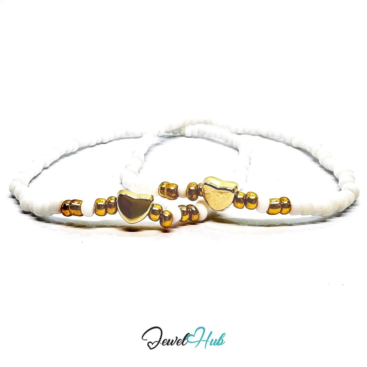 NameBead™ Base Bracelet Set (x2) – White Beaded Stack with Gold Heart - JewelHub.co.uk