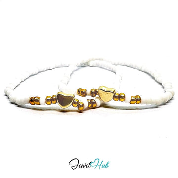 NameBead™ Base Bracelet Set (x2) – White Beaded Stack with Gold Heart - JewelHub.co.uk