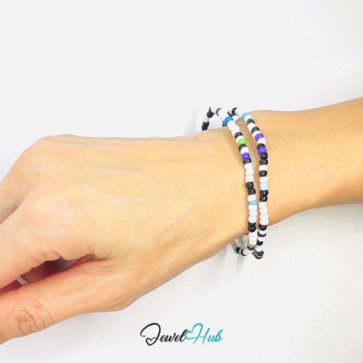NameBead™ Colorful Base Bracelet Set (x2) – Black – Blue – Turquoise – White Mix - JewelHub.co.uk