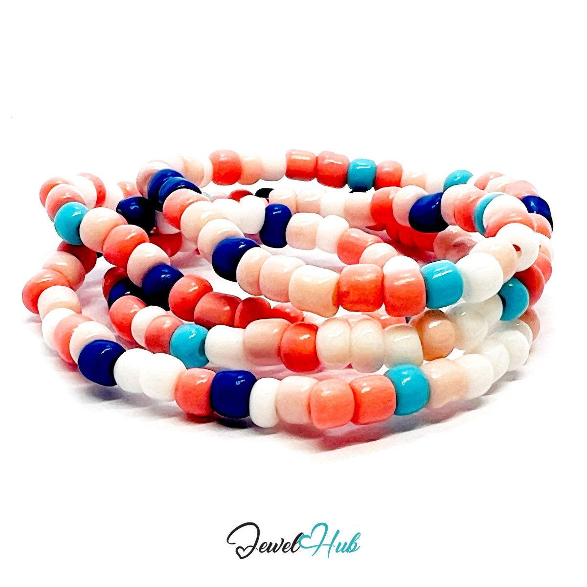 NameBead™ Colorful Base Bracelet Set (x2) – Coral – Turquoise – Navy – White Mix - JewelHub.co.uk
