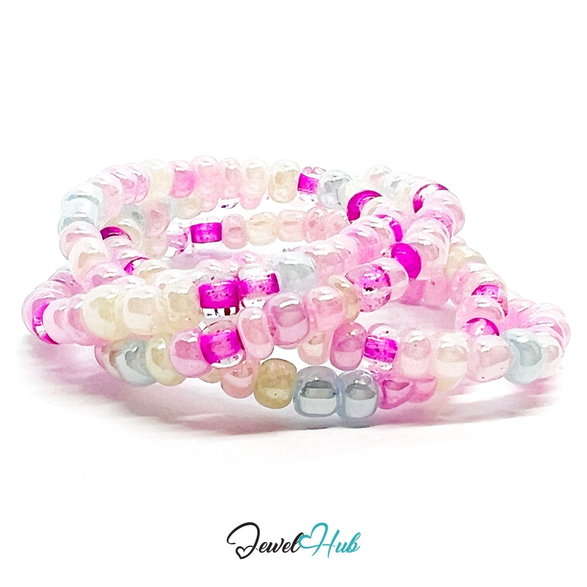 NameBead™ Colorful Base Bracelet Set (x2) – Pastel Pink – Blue – Yellow – White Mix - JewelHub.co.uk