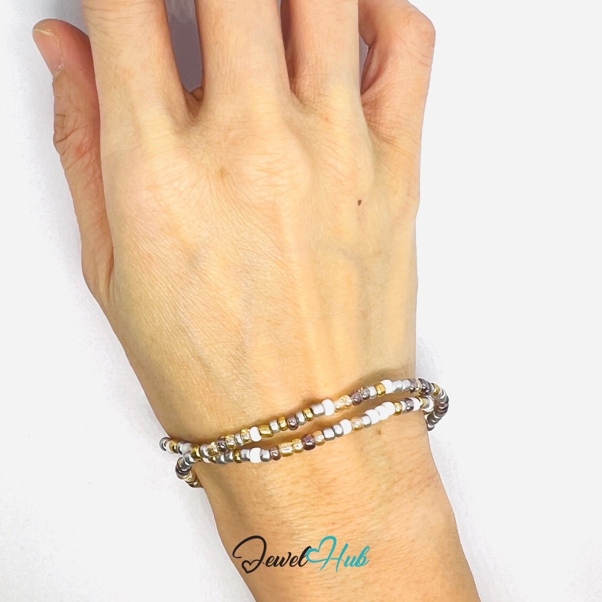 NameBead™ Colorful Base Bracelet Set (x2) – Silver – Gold – White – Purple Mix - JewelHub.co.uk