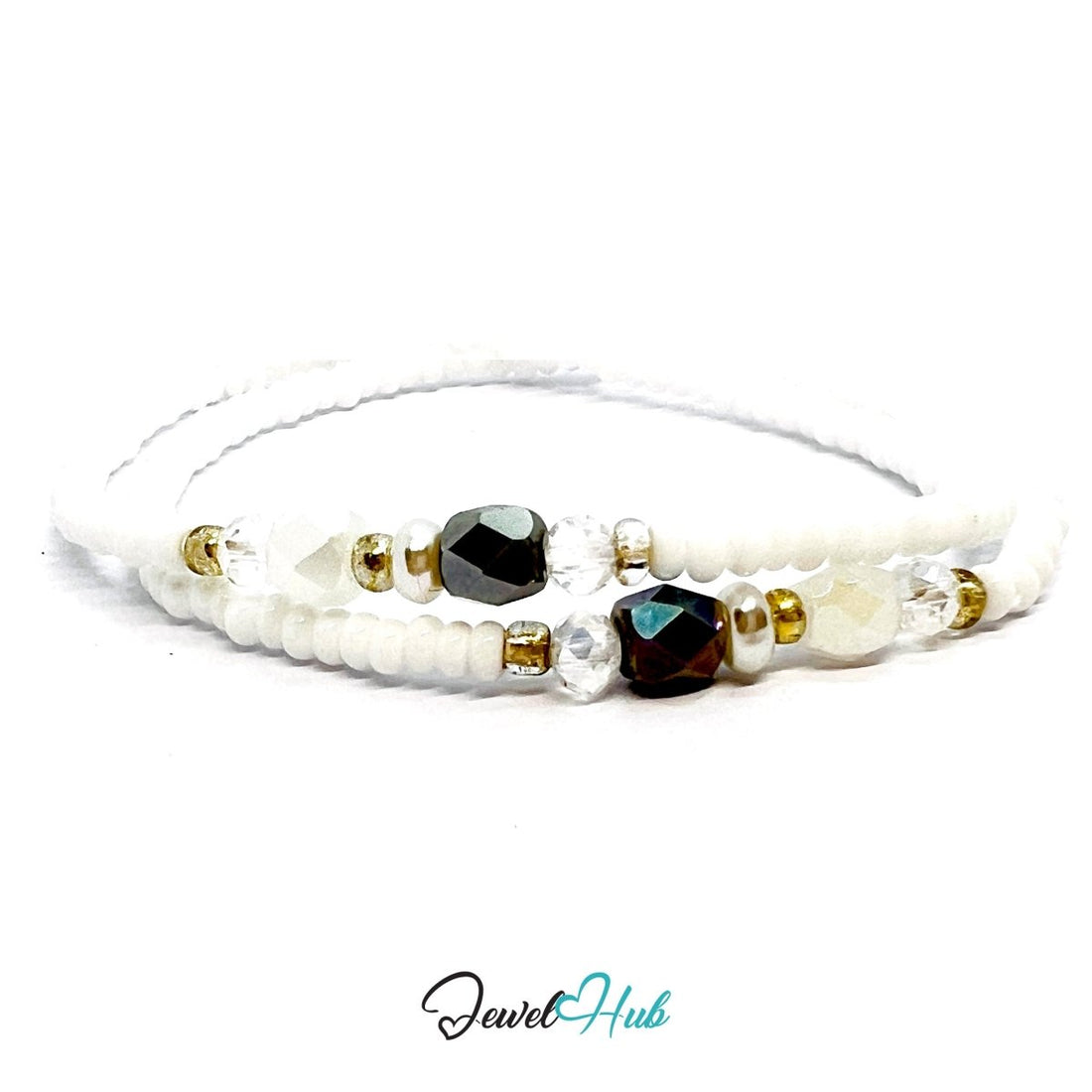NameBead™ Luxe Accent Bracelet Set (x2) – White – Gold – Iridescent Mix - JewelHub.co.uk