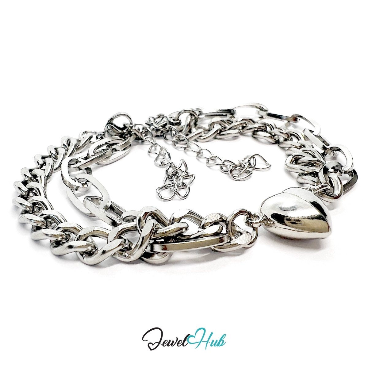 OneTone Magnetic Titanium Steel Silver Bracelet with Heart Clasp - JewelHub.co.uk