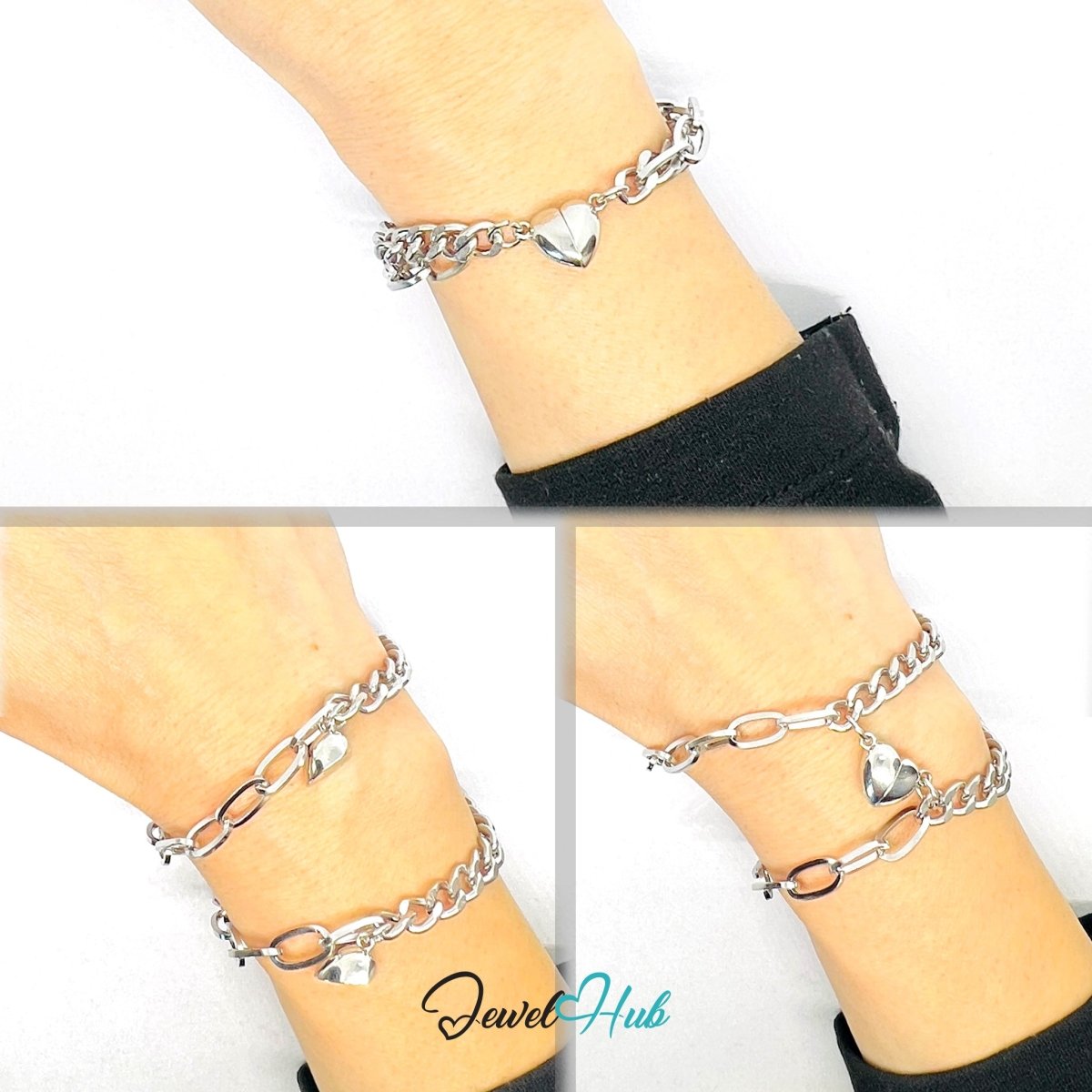 OneTone Magnetic Titanium Steel Silver Bracelet with Heart Clasp - JewelHub.co.uk