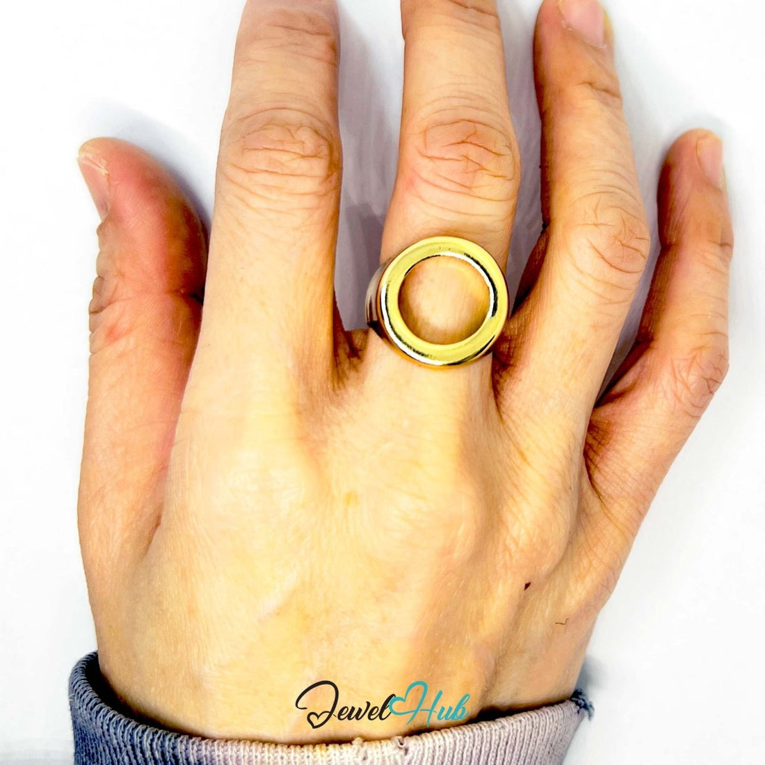 Open - End Sculptural Gold - Plated Ring – Architectural Hollow Band - JewelHub.co.uk