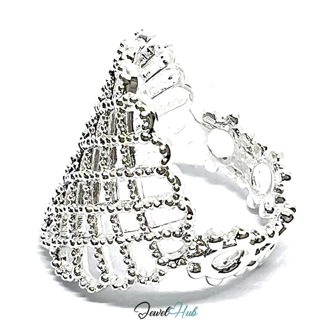 Ornate Lattice Silver Ring | Adjustable 925 Sterling Band with Beaded Texture - JewelHub.co.uk