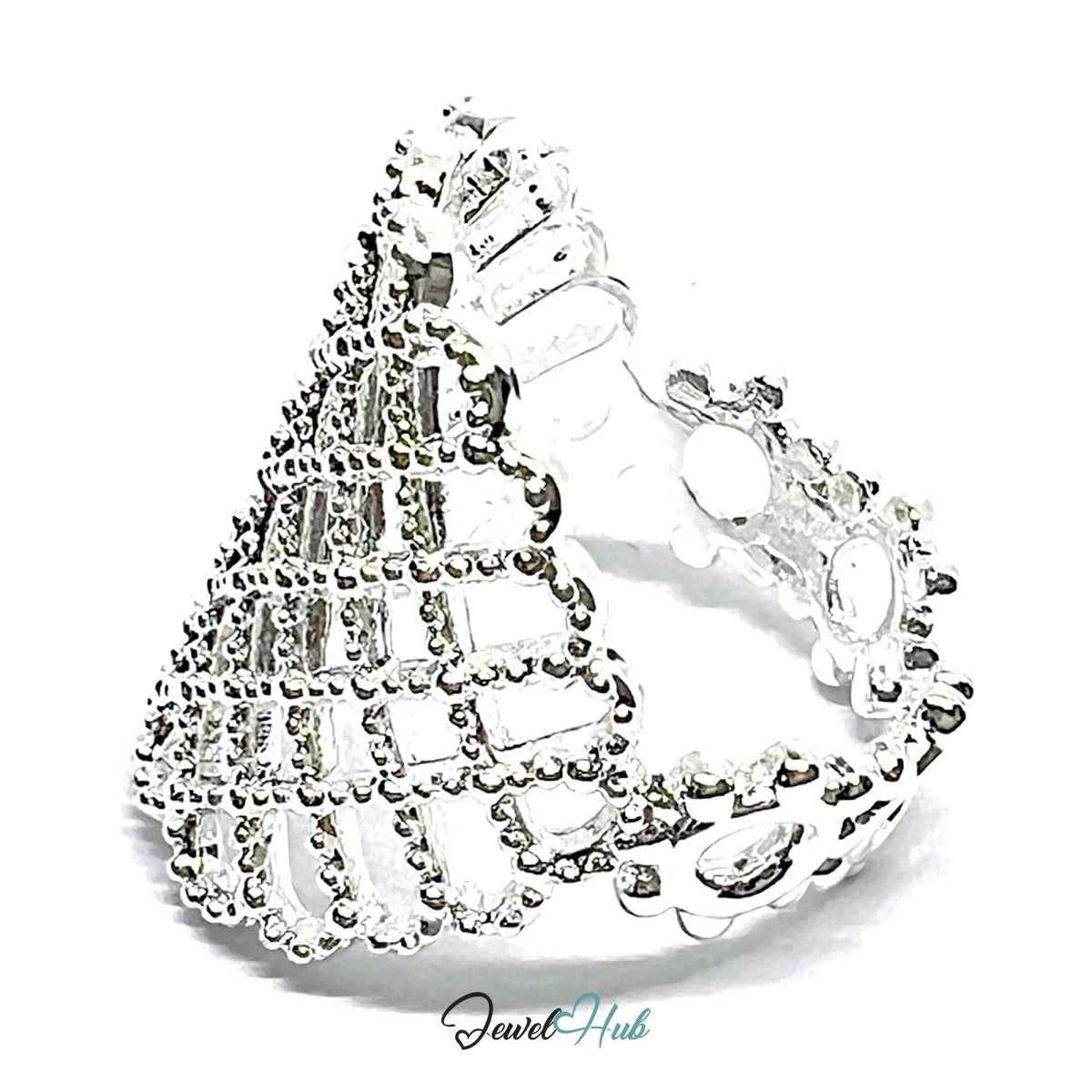 Ornate Lattice Silver Ring | Adjustable 925 Sterling Band with Beaded Texture - JewelHub.co.uk